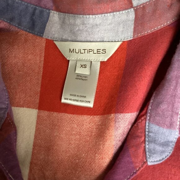 MULTIPLES Sweet Heart Plaid Tunic Top Linen Rayon Sz XS #228E - Picture 2 of 9